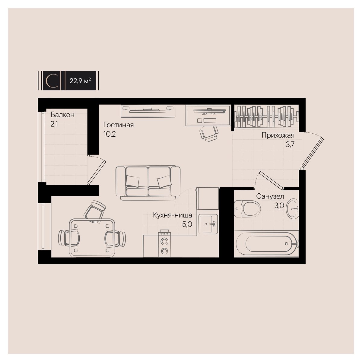 Карточка квартиры №122 Ст, 22.90м², 3 подъезд, 9 эт.