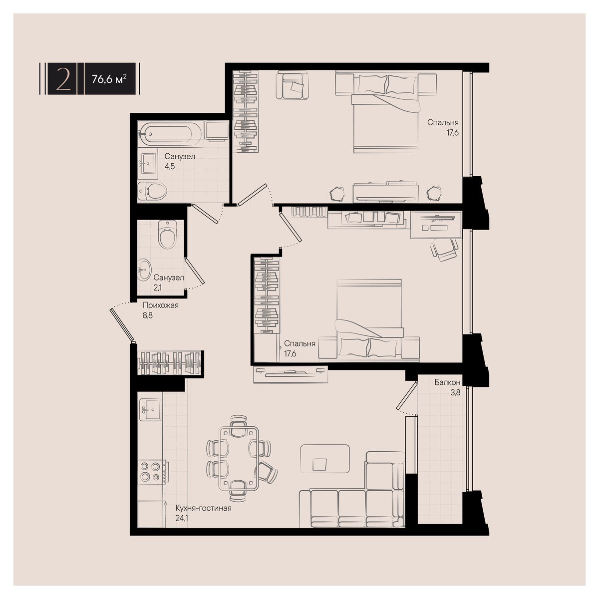 Карточка квартиры №135 2к, 76.60м², 3 подъезд, 11 эт.